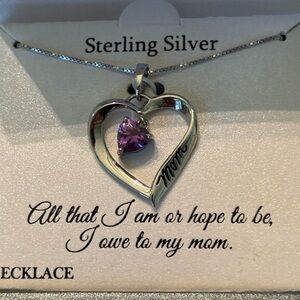 Sterling Silver Heart Mom Necklace with Purple Gemstone 18 inch